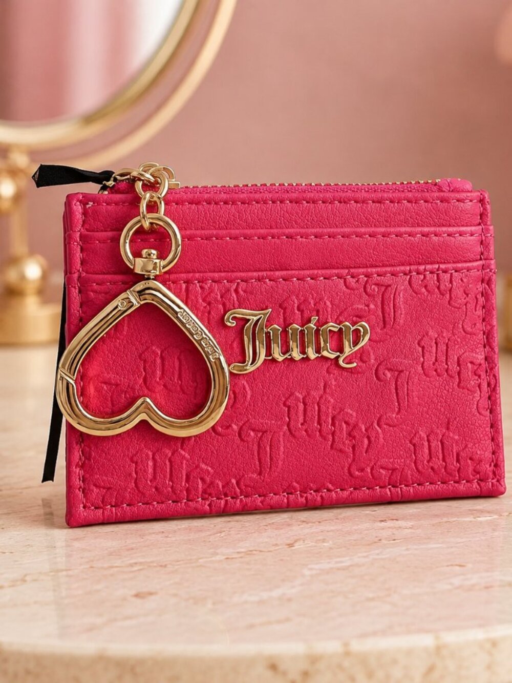 Juicy Couture Hot Pink Zip Card Wallet Coin Purse ID Holder Heart Charm NWT